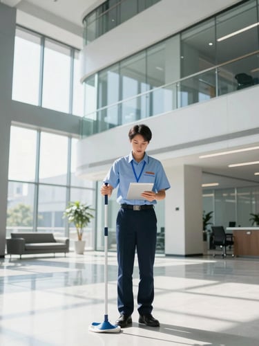 Wide environmental shot of a professional cleaning supervisor in a clean, modern uniform inspecting a high-end corporate office lobby, bright natural daylight, sharp focus, architectural depth