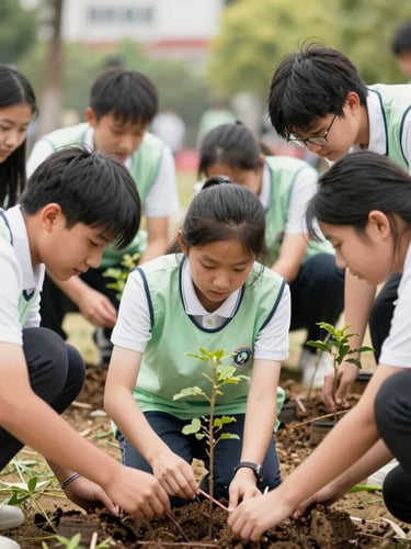 High school students collaborating on a community service project outdoors, planting trees, natural daylight, candid action, 35mm lens