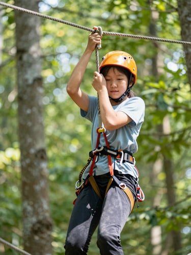 A student confidently navigating a rope course in a sunlit forest, focused expression, natural daylight, portrait aspect, blurred background, 35mm lens