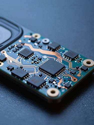 Extreme macro photography of a mobile phone motherboard, copper traces and microchips, cool blue studio lighting, dark metallic background, 100mm lens details