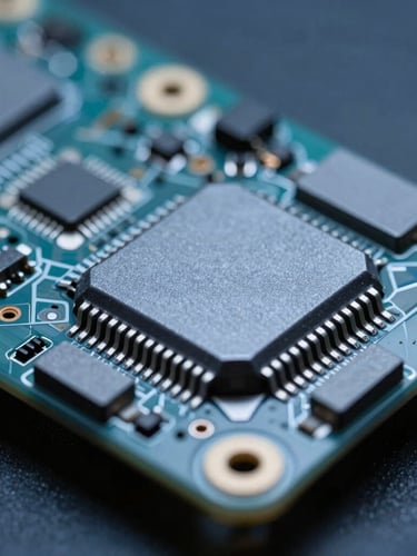 Extreme macro close-up of a mobile phone motherboard with high-precision components, cool blue studio lighting, metallic gray reflections, dark technical background