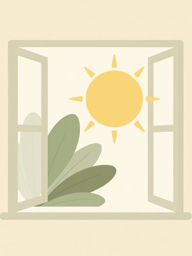 Minimalist flat vector illustration of a warm sun shining through an open window with soft green leaves, warm cream background, calming and modern