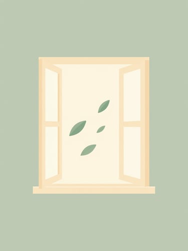Minimalist flat vector illustration of a warm open window with green leaves blowing in a gentle breeze, soft sage and warm cream tones, calming and modern