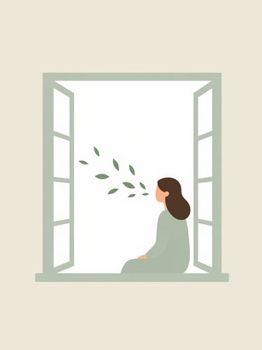 Minimalist flat vector illustration of a person sitting by a large open window with green leaves whispering in a gentle morning breeze, soft sage and warm cream tones, calming and modern