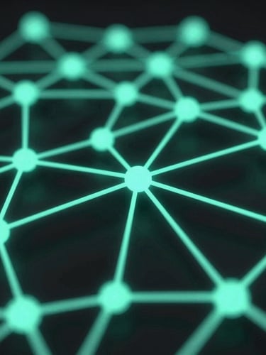 Macro close-up of a sleek 3D render showing an abstract data visualization of neural network nodes glowing in neon teal against a dark background, shallow depth of field