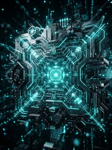 Sleek 3D render of a secure server core, abstract data visualization, dark background, neon teal accents, clean geometric forms, macro depth of field