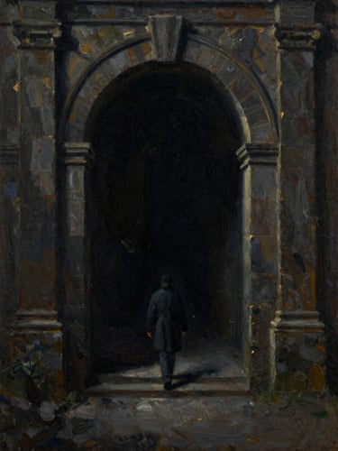 Direct frontal shot of a dark surrealist oil painting, a lone figure walking into a massive stone archway, rich textured brushstrokes, deep shadows, dramatic chiaroscuro lighting, 35mm