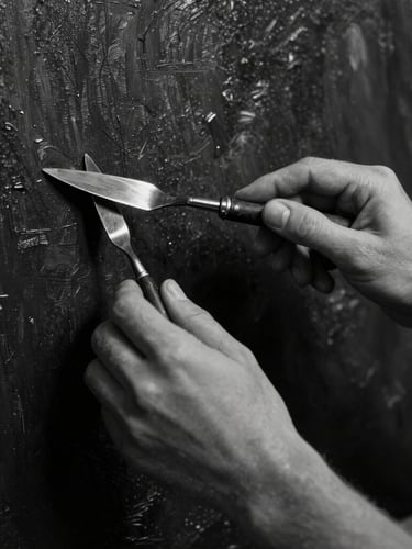Moody low-key black and white studio shot of the artist's hands holding a palette knife near a heavily textured dark canvas, single dramatic side light