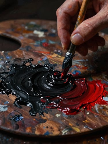 Dark moody oil painting photography, macro close-up of artist hands mixing thick black and crimson impasto paint on a dark wooden palette, dramatic chiaroscuro lighting, deep shadows, 35mm