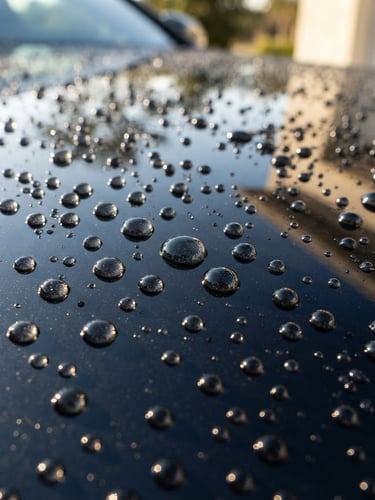 Close-up of water beading perfectly on a freshly ceramic-coated dark car hood, sharp reflection, high-contrast natural sunlight, deep rich tones, 50mm lens, editorial look