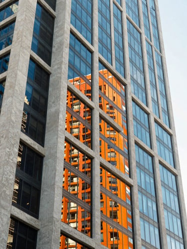 Sharp architectural angles of a modern concrete and glass skyscraper in Miami, bright high-key natural daylight, crisp shadows, vivid orange and electric blue sky reflection, 35mm lens