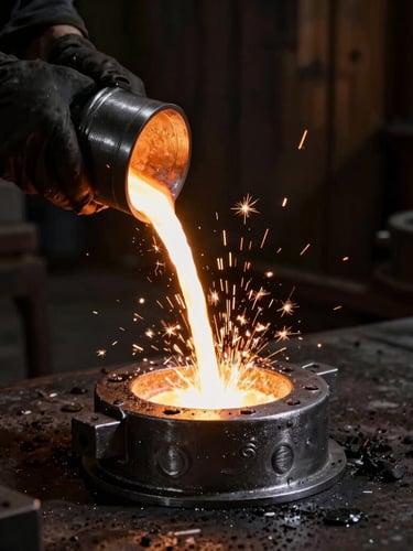 Glowing molten aluminum being poured into a traditional metal mold on a dark foundry floor, dramatic sparks and high-contrast industrial lighting.