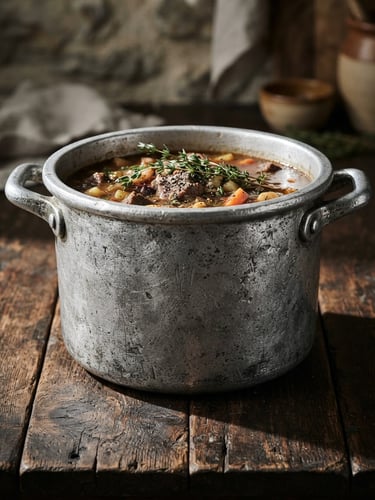 Editorial product photography of a heavy cast aluminum pot with thick rims resting on a rustic dark wood table, dramatic side lighting, high-contrast metal textures.
