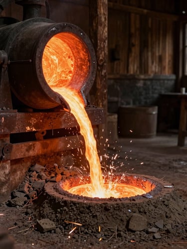 Wide environmental shot of a traditional foundry floor in Goiás, glowing molten metal poured into sand molds, warm dramatic sparks, rustic industrial atmosphere.