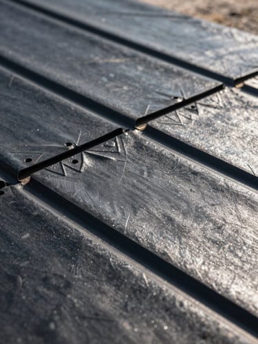 Close-up macro shot of black HDPE geomembrane textured surface, clean geometric pattern, bright natural daylight casting sharp high-contrast technical shadows.