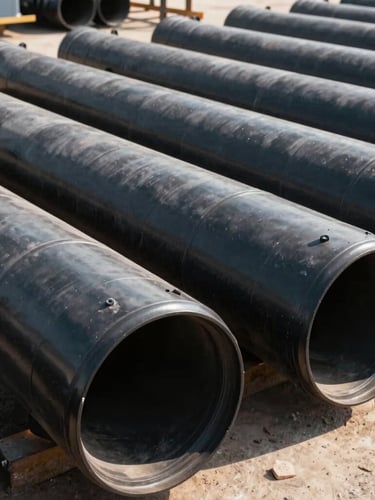 Tumpukan pipa HDPE Unilon hitam mengkilap berdiameter besar berjejer rapi di area proyek infrastruktur terbuka, cahaya matahari terik menghasilkan bayangan kontras tinggi.