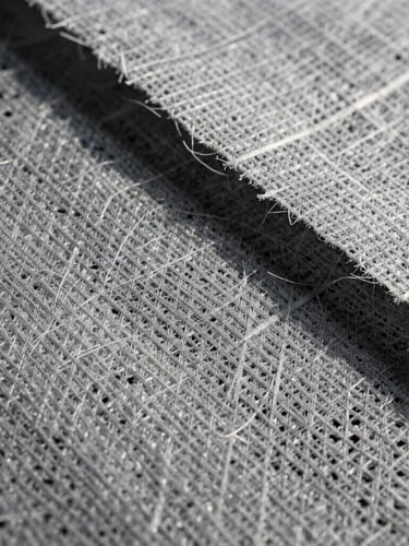 Extreme close-up macro photography of gray non-woven geotextile fibers, showing highly detailed synthetic web structure, bright natural daylight, crisp high-contrast shadows emphasizing material texture.