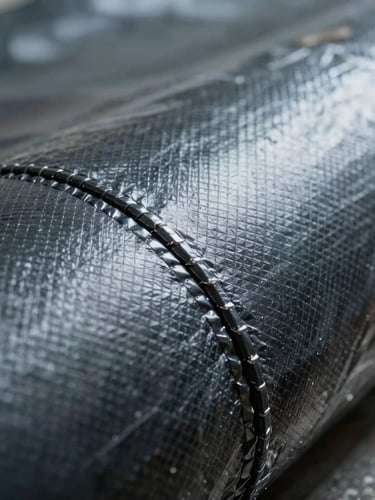 Extreme close-up of a high-density polyethylene (HDPE) geomembrane sheet showing its textured surface and thick, uniform weld seam, crisp lighting highlighting the material's micro-texture