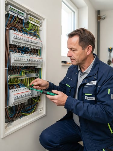 Straight-on technical shot of a certified German electrician working on a modern fuse box, clean uniform, bright technical lighting, high contrast, 35mm lens