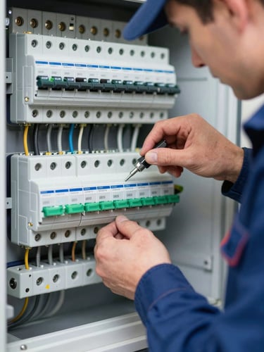 Close-up of a certified German electrician in a clean uniform working on a modern fuse box, technical precision, bright natural daylight, crisp details.