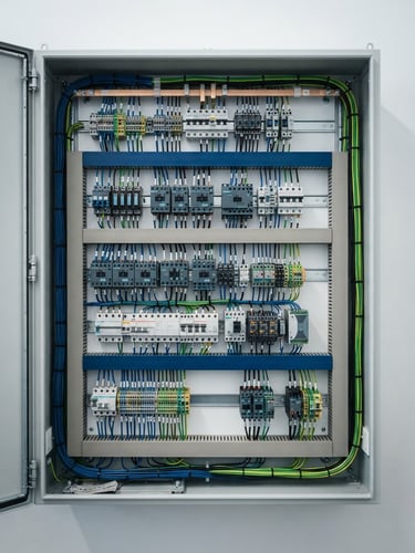 Straight-on technical shot of a modern German electrical cabinet, clean wiring, VDE-compliant installation, bright daylight, high contrast.