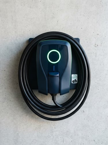 Straight-on technical shot of a modern wallbox mounted on a clean grey concrete garage wall, a thick black charging cable neatly wrapped around it, bright natural daylight, a small official VDE test sticker visible on the side, crisp green status LED glowing.