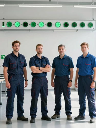 Wide shot of professional German electricians in clean uniforms standing in a modern, bright electrical workshop, high contrast, 35mm lens