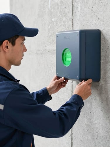 Close-up of a certified German electrician in a clean dark blue uniform configuring a modern wallbox on a concrete wall, bright natural light, technical precision