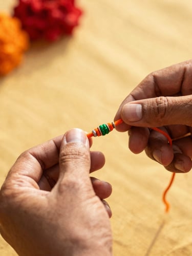 Warm editorial lifestyle photography, close-up of an artisan's hands weaving a vibrant orange and green Rakhi, natural golden hour sunlight, shallow depth of field