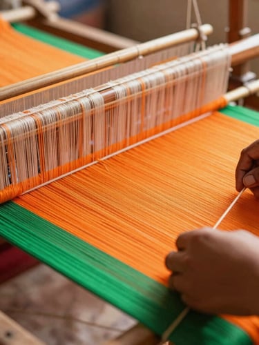 Close-up of hands weaving a vibrant orange and green textile on a traditional wooden loom, bright natural Indian sunlight illuminating the threads, shallow depth of field
