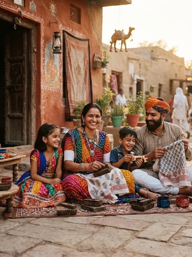 Warm editorial portrait of an Indian artisan family sitting outside their home in Rajasthan, bright natural golden hour sunlight, authentic smiles, shallow depth of field, 35mm lens