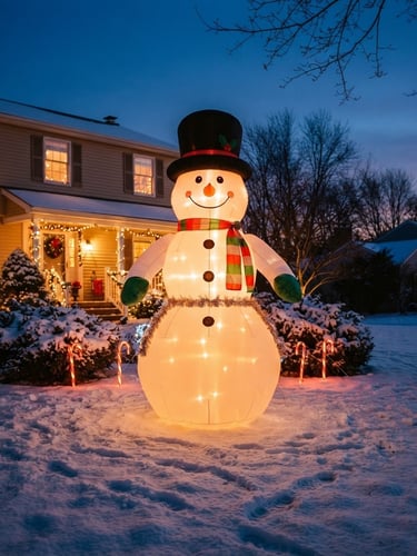Vibrant giant inflatable snowman glowing warmly on a snow-covered suburban lawn at twilight, warm golden-hour lighting, cozy residential background, 35mm photography