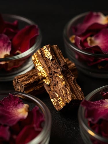 Close-up of raw agarwood blocks and crushed rose petals in dark glass containers, dimly lit, dramatic low-key lighting with sharp golden highlights, extreme macro lens, shallow depth of field.