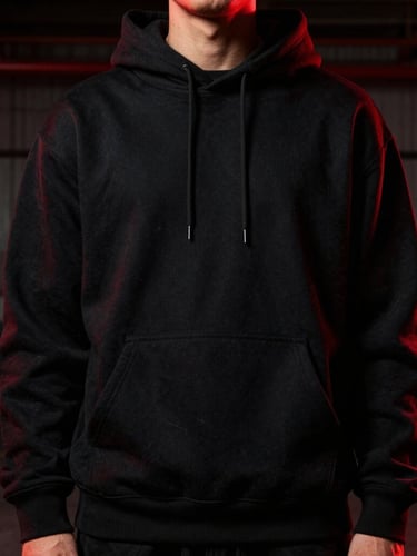 Gritty streetwear photography of a heavy black cotton hoodie on a model in a dark industrial warehouse, high-contrast crimson rim lighting, sharp focus on fabric texture, 35mm