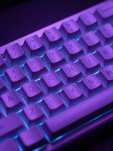 Macro shot of a premium mechanical keyboard under moody neon purple and blue rim lighting, shallow depth of field, minimalist composition