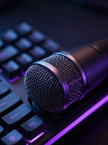 Macro close-up of a high-end studio microphone and mechanical keyboard, moody dark atmosphere, soft purple neon rim light, professional audio setup, 35mm