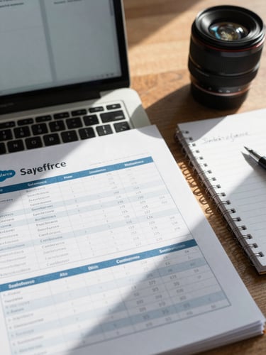 Close-up overhead shot of a desk with a Salesforce report open on a laptop, handwritten audit notes beside it, natural window light casting soft shadows across the worksheet