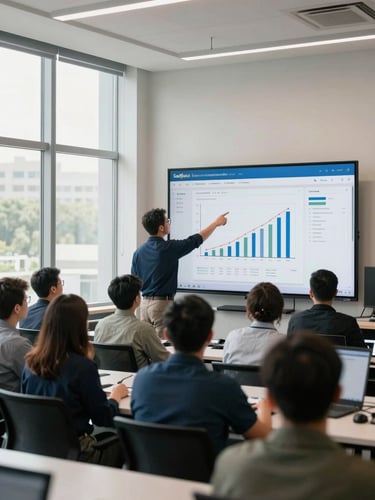 Wide panoramic shot of an operations team gathered around a large monitor displaying a Salesforce report in a bright open office, natural daylight flooding in from tall windows on the left, one person standing and pointing at pipeline figures on screen