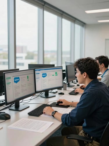 Wide shot from the right side of a conference room, two operations team members seated at a long desk reviewing Salesforce pipeline dashboards on dual monitors, natural daylight from tall windows, papers and notes spread across the desk, candid and unglamorous