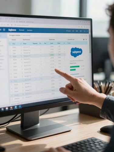 Close-up of a Salesforce dashboard on a monitor in a daylit office, data rows and pipeline metrics visible mid-screen, a hand pointing at a conversion rate figure, natural window light casting soft shadows across the desk