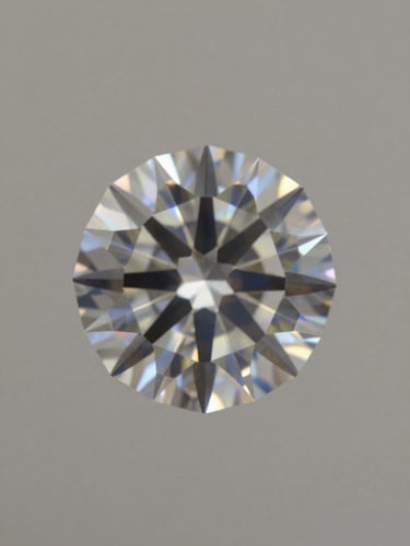 Extreme close-up of a round brilliant diamond, table facet centred, studio daylight simulation from above-left casting sharp internal light dispersion across the crown facets, neutral warm-grey background with subtle depth, no props or hands