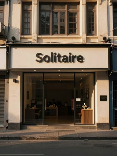 Wide shot of a ground-floor storefront entrance at Solitaire Building, Ballygunge, Kolkata — warm late-afternoon light falling across the facade, architectural detail of the building entrance visible, no people, calm street-level framing with depth into the doorway