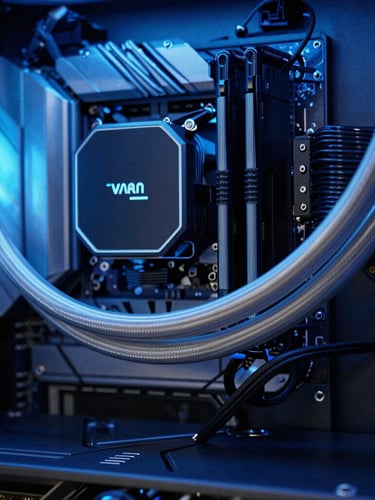 Macro close-up of a premium custom liquid-cooled PC build, clean tubing, soft blue ambient lighting on dark metal textures, 35mm photography