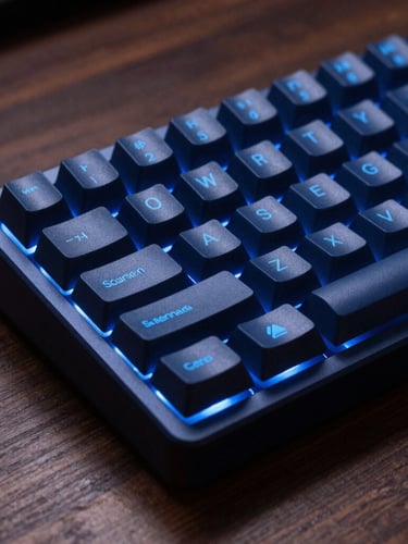 Close-up macro shot of a premium custom mechanical keyboard on a dark walnut desk, moody studio lighting with soft electric blue ambient backlighting, 35mm photography