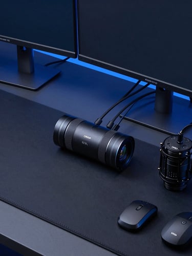 Overhead clean studio shot of an organized gaming desk with dual monitors, clean cable management, and professional streaming gear, moody blue ambient light