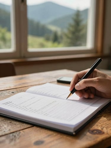 Close-up of hands reviewing physical financial ledgers on a rustic wooden table, soft side-lighting from a window, warm tones, shallow depth of field, 35mm