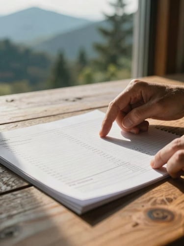 Warm editorial photograph of hands reviewing physical financial ledgers on a rustic wooden table, soft late-afternoon mountain sunlight filtering through a window, shallow depth of field, 35mm
