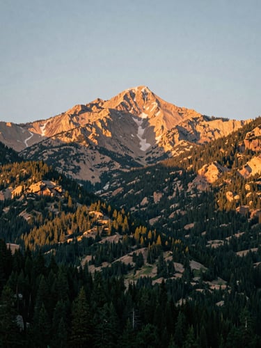 Wide panoramic shot of Pikes Peak rising behind Colorado Springs, warm late-afternoon mountain sunlight, deep forest greens and sandstone tones, shallow depth of field, 35mm photography