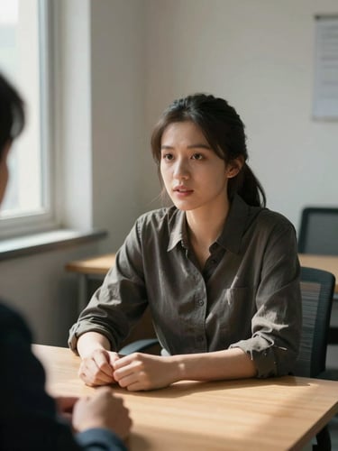Close environmental portrait, a young woman seated at a plain wooden desk in a sparse office, leaning slightly forward in direct conversation with someone off-frame, natural daylight from a window to her left casting honest shadows across her face and hands resting on the table, documentary framing with shallow depth of field, no staging