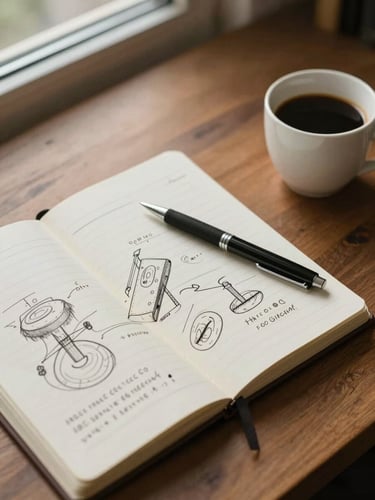 Overhead study of a wooden desk with a notebook open to a hand-drawn diagram, a pen resting across the page, a cup of coffee to one side, daylight from a window casting soft shadows, no people, detail-forward framing